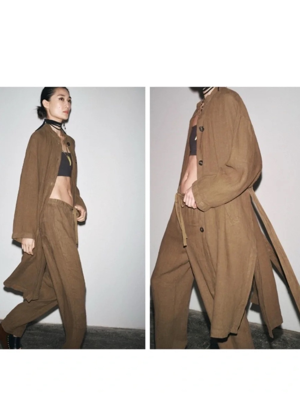 Zara NWT ZW Collection 100% linen brown belted coat 4043/060